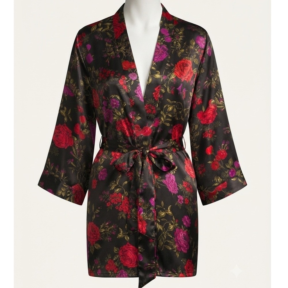 Ambrielle Sleepwear Floral Satin Robe XXL Black Red Pink Rose Kimono Wrap Belted